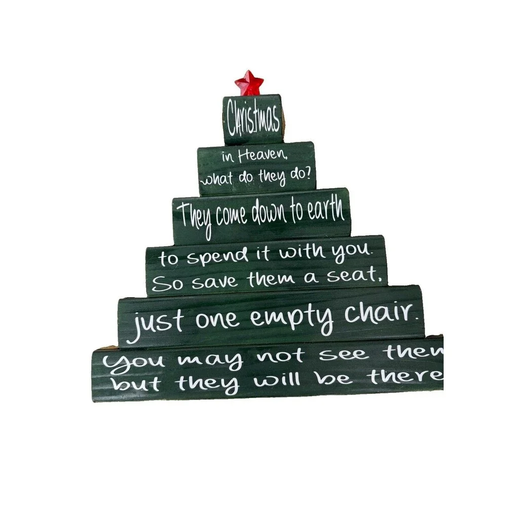 Christmas in Heaven Memorial Wooden Tree Sign Empty Chair Holiday Decor 11”